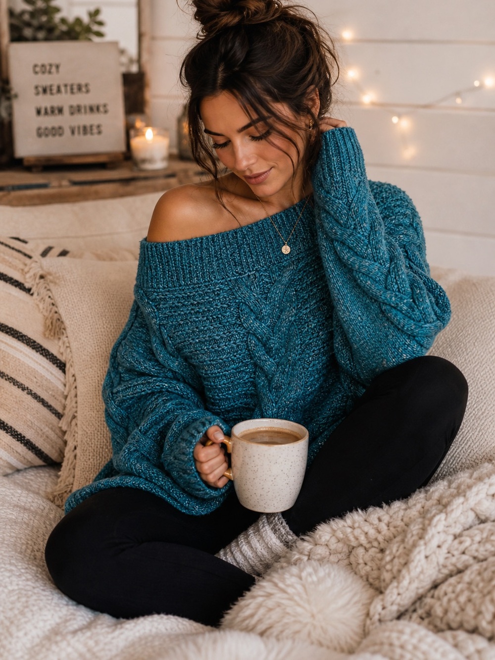 Anthro Sleeping on Snow Teal Off Shoulder Sweater XS Cozy Oversized